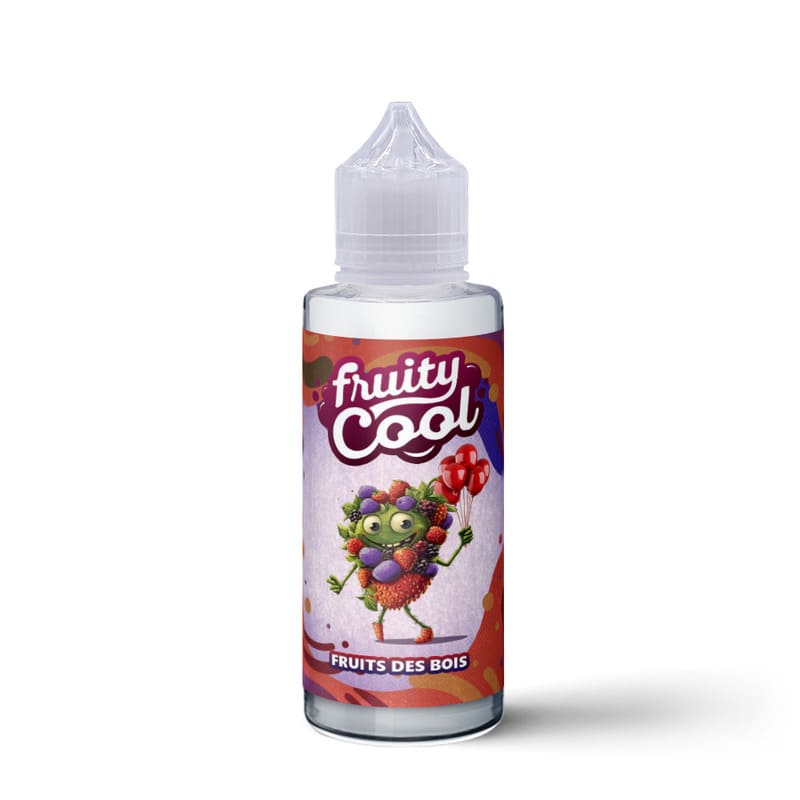 Flacon de 100ml d'e-liquide Fruity Cool Fruits des Bois avec étiquette illustrée d'un personnage en baies sauvages.