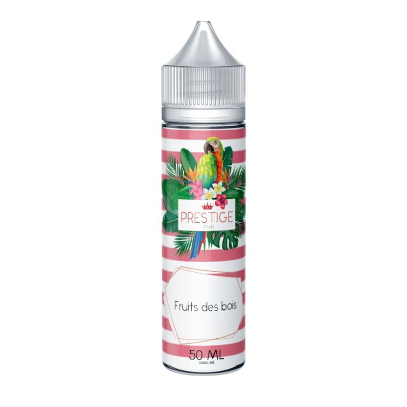 Flacon de 50ml Prestige Fruits des Bois avec étiquette rayée rose, illustration de perroquet tropical et feuillage exotique.