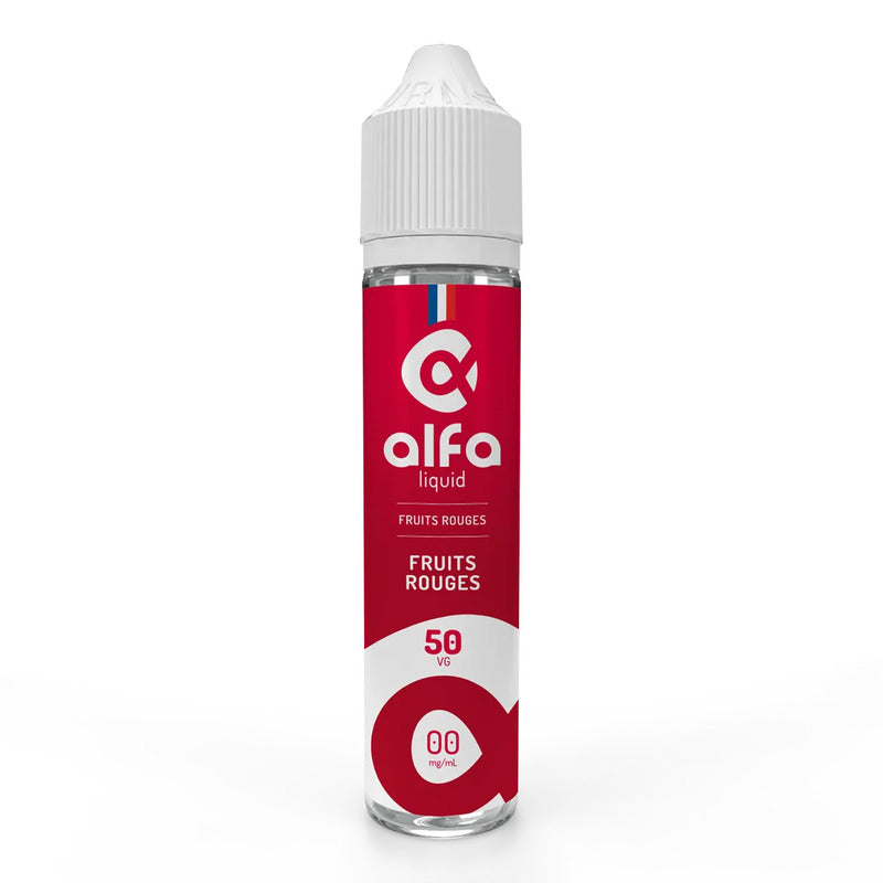 Flacon de 50ml d'e-liquide Alfaliquid Fruits Rouges avec étiquette rouge, bouchon blanc et logo de la marque.