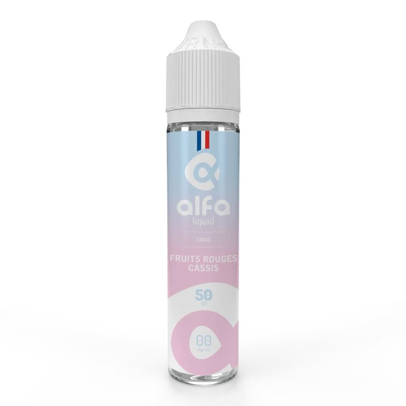 Flacon d'e-liquide Alfaliquid 50ml Fruits Rouges Cassis avec bouchon blanc, étiquette dégradée bleu et rose sur fond blanc.