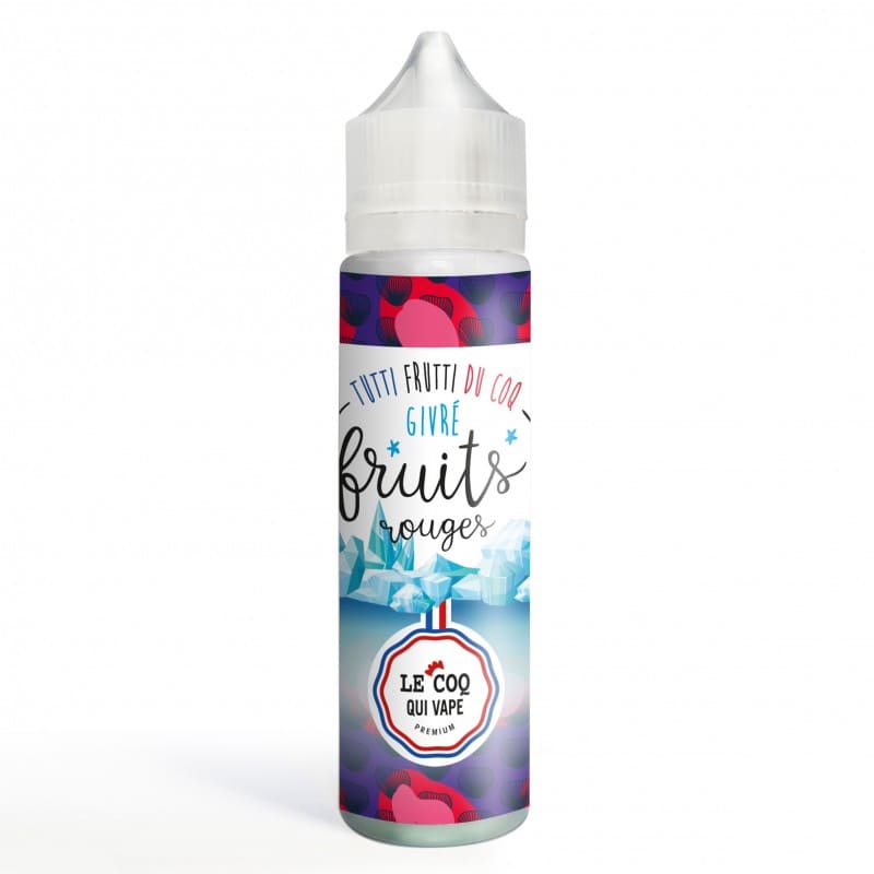 Flacon de 50ml d'e-liquide Fruits Rouges Givré Le Coq Qui Vape avec étiquette colorée illustrant des baies et des icebergs.