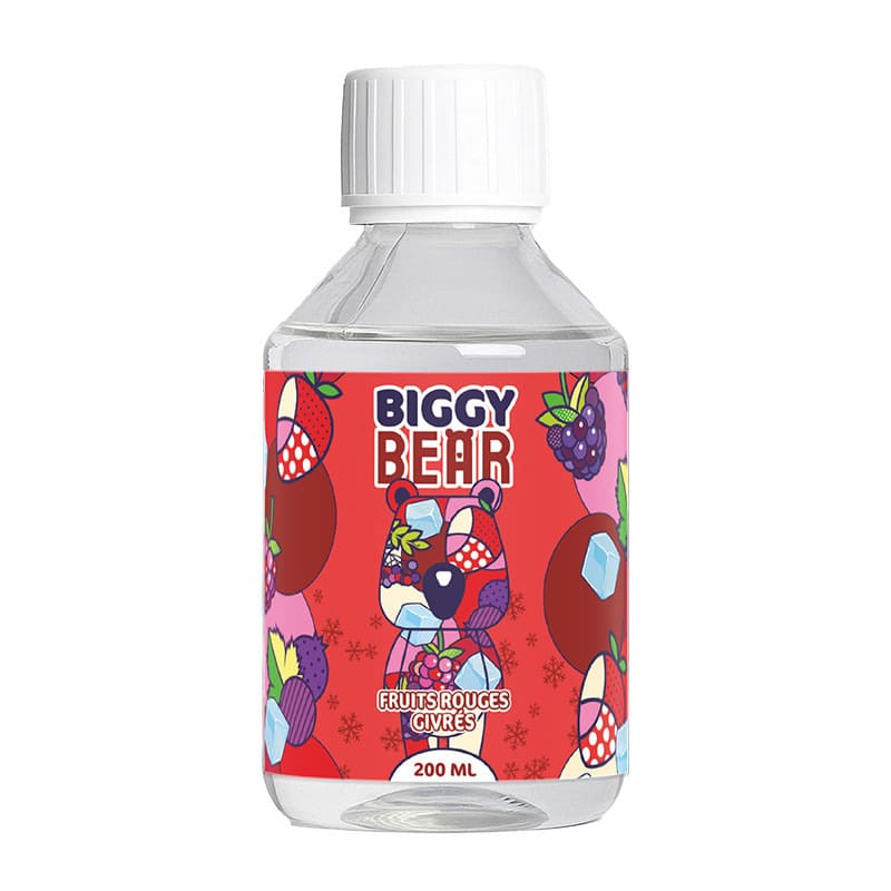 Flacon d'e-liquide Biggy Bear 200ml Fruits Rouges Givrés avec étiquette rouge illustrée d'un ours et de fruits.