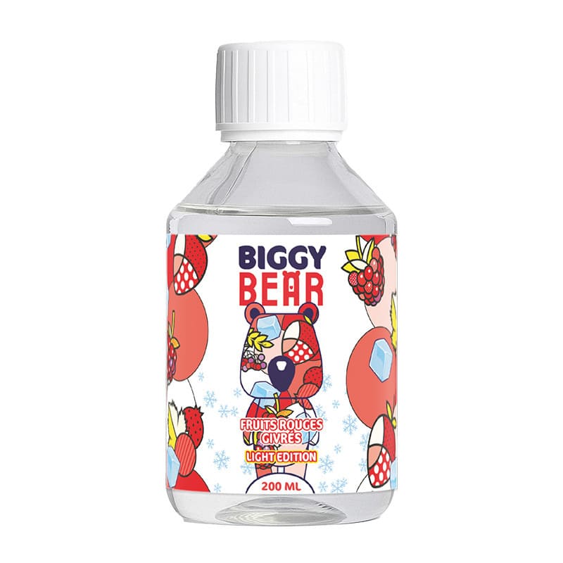 Flacon de 200ml d'e-liquide Biggy Bear Fruits Rouges Givrés Light Edition avec étiquette illustrée d'un ours et de fruits.