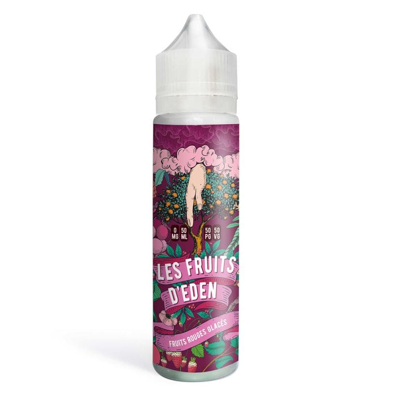 Flacon de 50ml d'e-liquide Les Fruits d'Eden avec étiquette illustrée colorée sur fond violet et bouchon blanc.