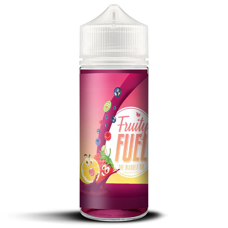 Flacon de 100ml Fruity Fuel The Diabolo Oil avec étiquette rose illustrée de fraises, citrons et fruits rouges.