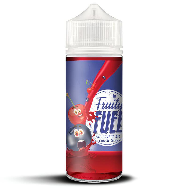 Flacon de 100ml E-liquide Fruity Fuel The Lovely Oil avec étiquette illustrée de cerises et casseilles sur fond rouge.