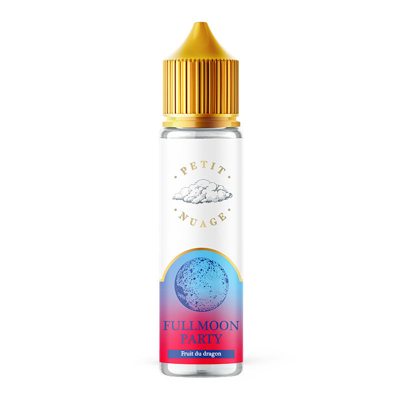 Flacon d'e-liquide Petit Nuage Fullmoon Party 50ml avec bouchon doré, étiquette dégradée bleue et rose et motif de pleine lune.