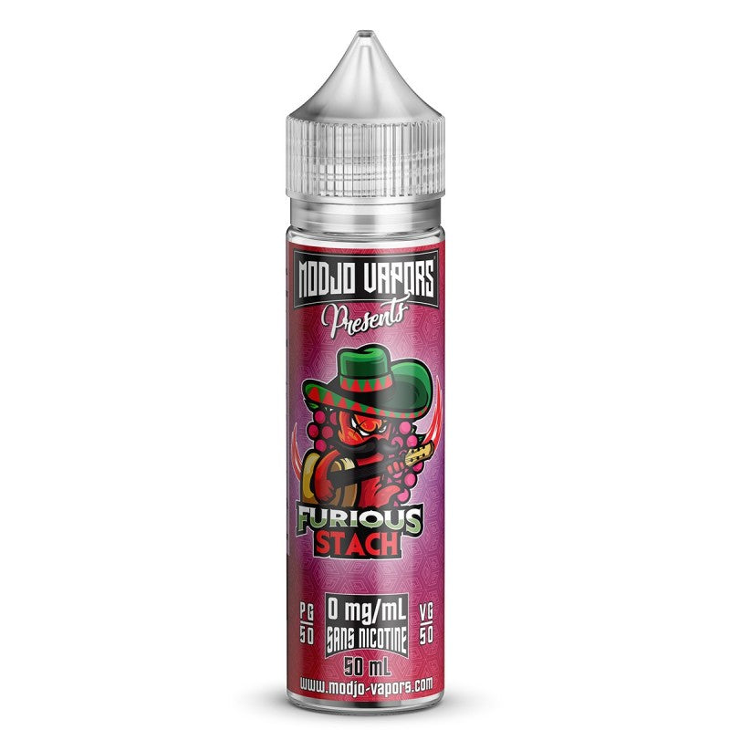 Flacon de 50ml Furious Stach Modjo Vapors avec étiquette rouge illustrée d'un personnage moustachu et bouchon transparent.