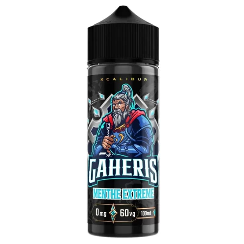 Flacon d'e-liquide Gaheris 100ml Xcalibur avec illustration de guerrier, bouchon noir et design menthe glacée.