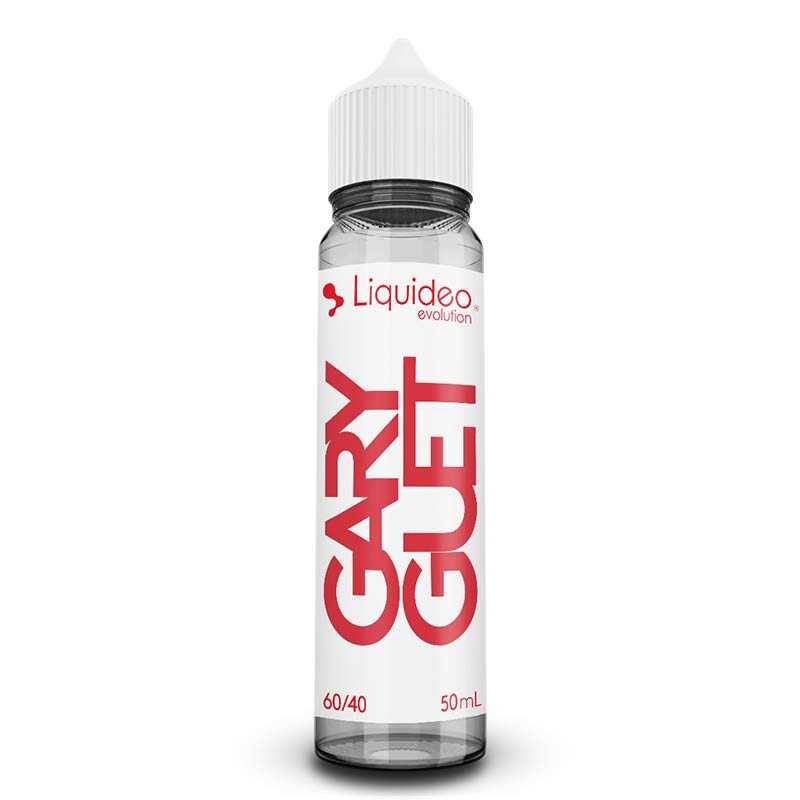 Flacon d'e-liquide Liquideo Gary Guet 50ml avec étiquette blanche, logo rouge et bouchon blanc sur fond blanc.