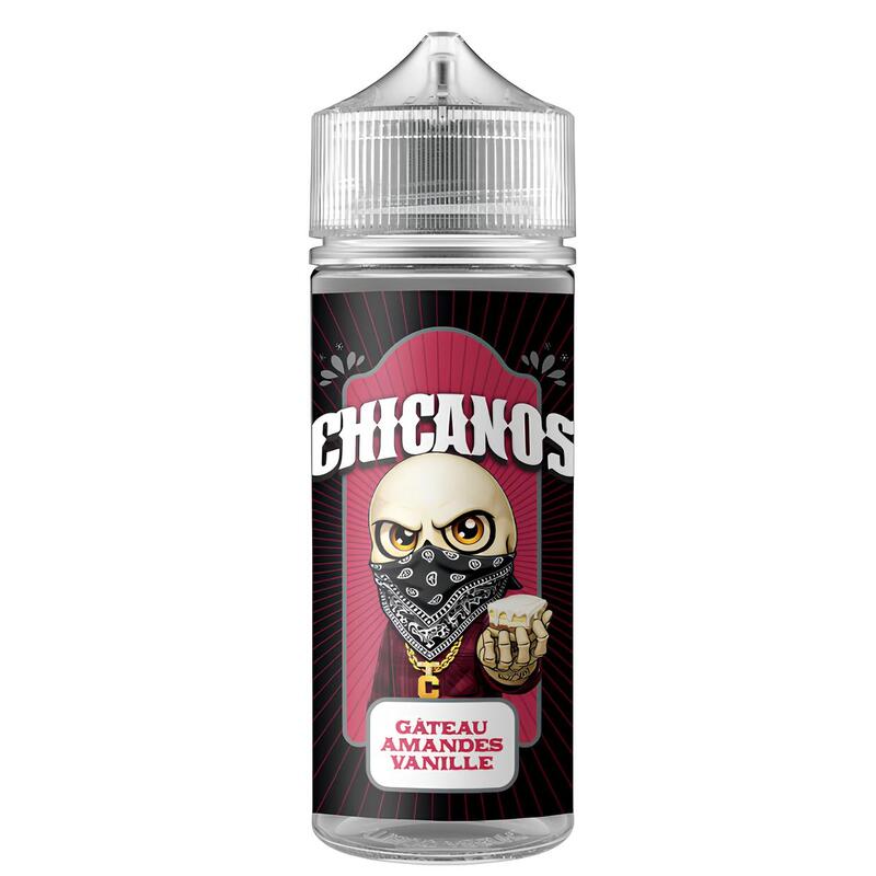 Flacon d'e-liquide Chicanos Gâteau Amandes Vanille avec étiquette rouge illustrée d'un personnage portant un bandana.