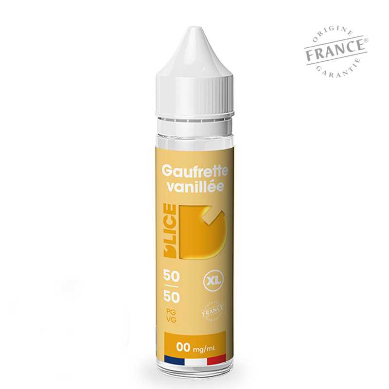 Flacon d'e-liquide D'LICE XL Gaufrette Vanillée 50ml, étiquette jaune et blanche avec logo Origine France Garantie.