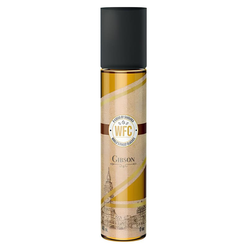 Flacon de 40ml d'e-liquide Gibson WFC Savourea avec étiquette beige illustrée, bouchon noir et design style britannique.