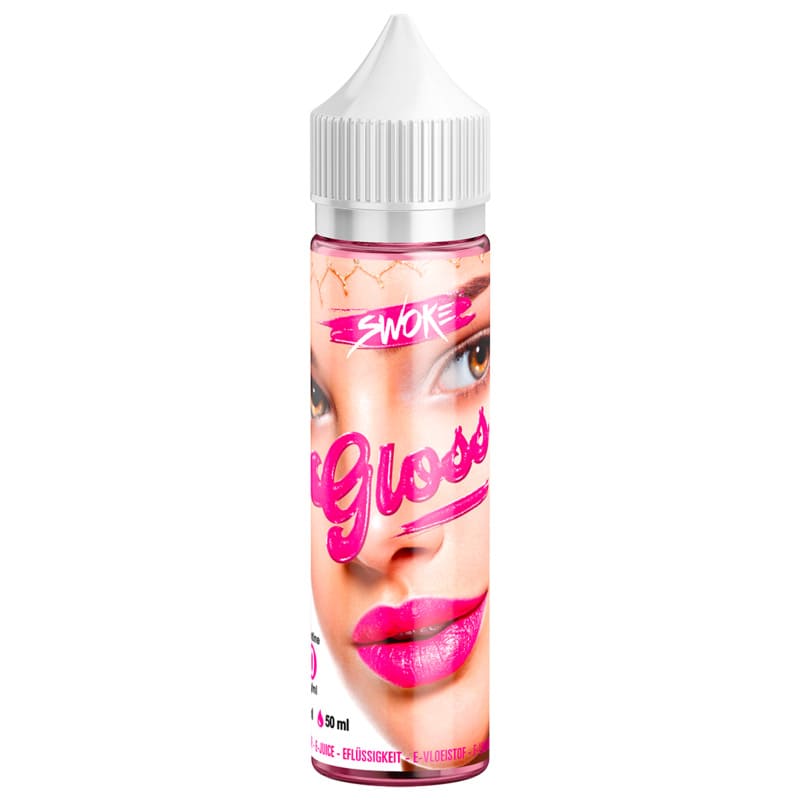 Flacon de 50ml Swoke Gloss avec étiquette illustrée d'un visage aux lèvres rose vif et bouchon blanc sécurisé.