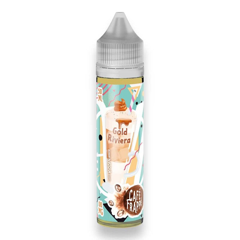 Flacon d'e-liquide Gold Riviera 50ml Vape Institut avec étiquette colorée illustrant un café frappé gourmand.