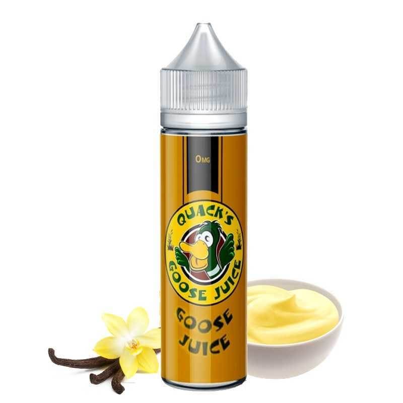 Flacon de 50ml d'e-liquide Goose Juice avec étiquette jaune, logo canard, gousse de vanille et bol de crème custard.