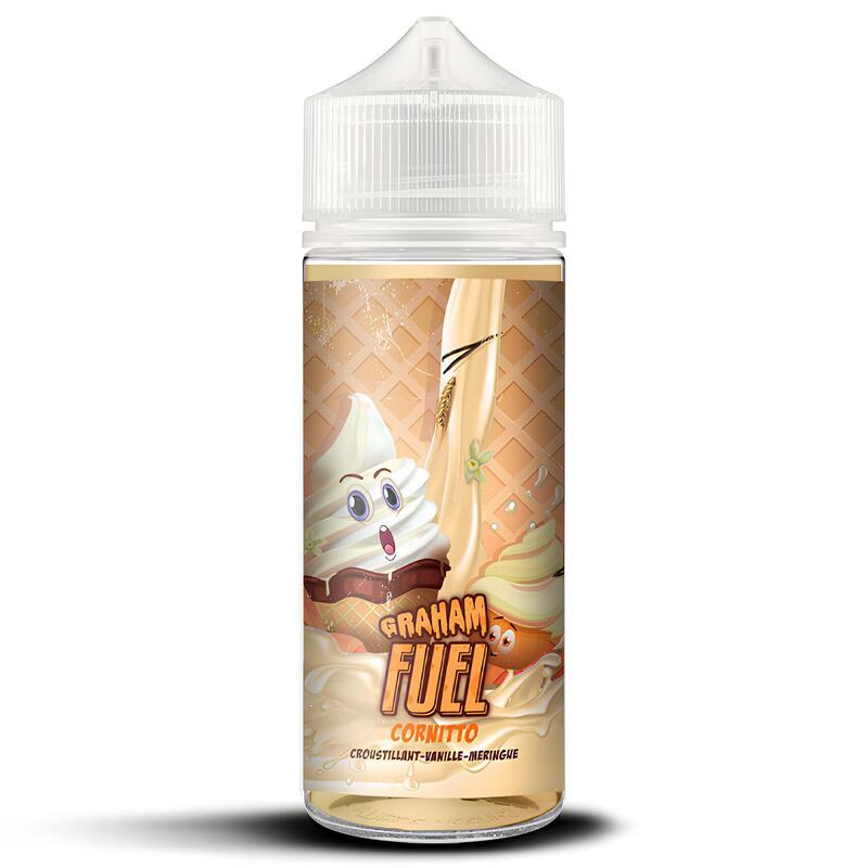 Flacon de 100ml E-liquide Graham Fuel Cornitto avec étiquette illustrée de crème glacée et biscuit sur fond gaufré.