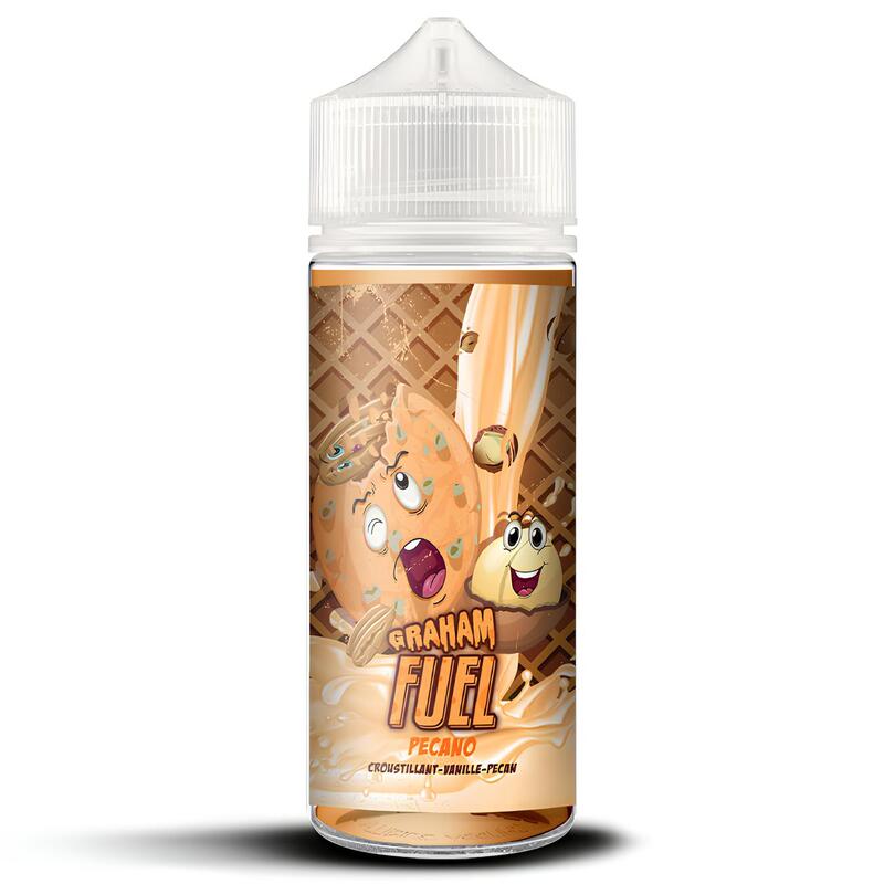Flacon de 100ml Graham Fuel Pecano avec étiquette illustrée de biscuits et noix de pécan sur fond gaufré vanillé.