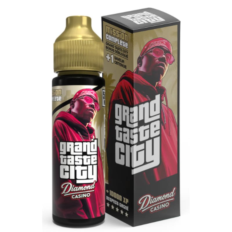 Flacon d'e-liquide Diamond Casino 50ml avec bouchon doré et boîte illustrée d'un personnage en sweat rouge.