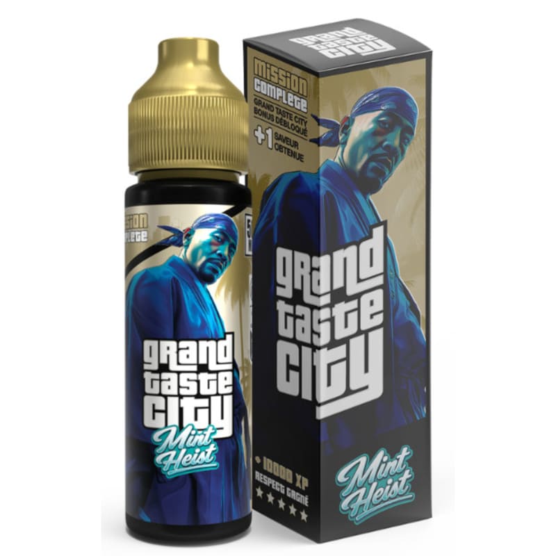 Flacon d'e-liquide Mint Heist 50ml avec bouchon doré et boîte illustrée style urbain aux tons bleus et dorés.
