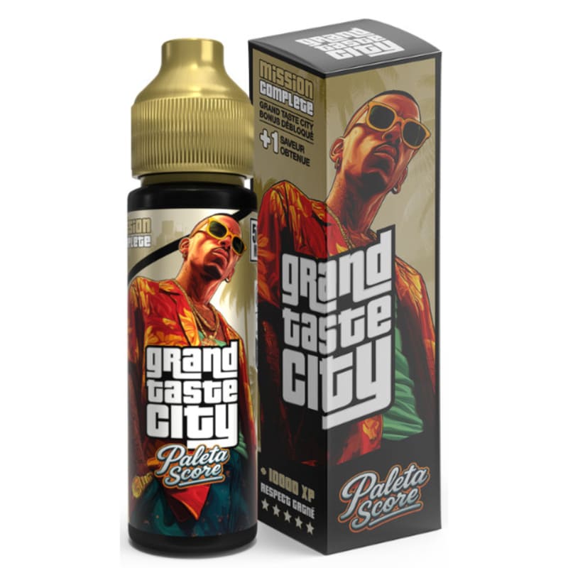 Flacon d'e-liquide 50ml Paleta Score Cloud Vapor avec bouchon doré et boîte illustrée style urbain aux tons orange et noir.