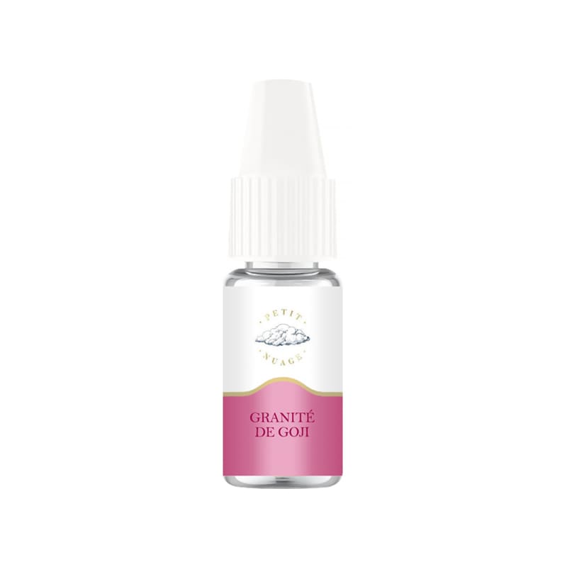 Flacon d'e-liquide Petit Nuage Granité de Goji 10ml avec étiquette rose et bouchon blanc sur fond blanc.