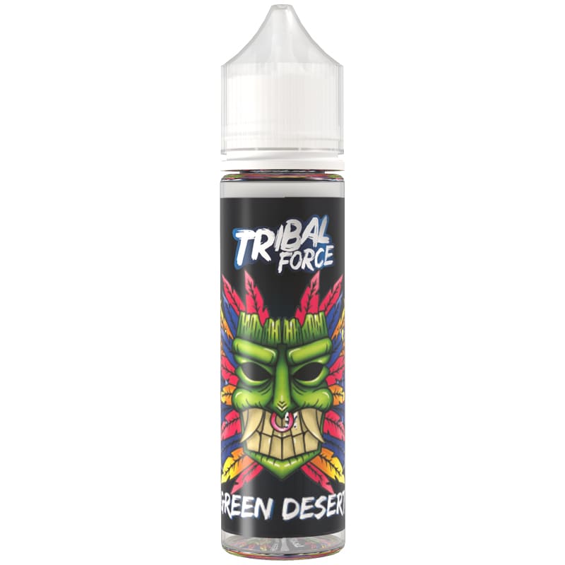 Flacon de 50ml d'e-liquide Tribal Force Green Desert avec étiquette illustrée d'un masque tribal vert et plumes colorées.