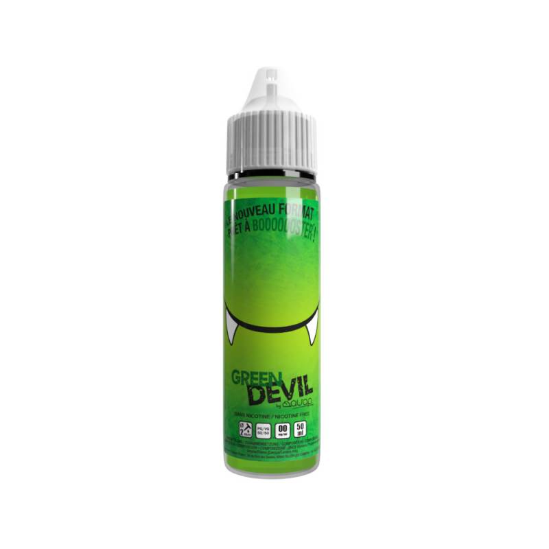 Flacon de e-liquide Green Devil AVAP 50ml vert avec illustration de crocs, bouchon blanc et étiquette fruitée.