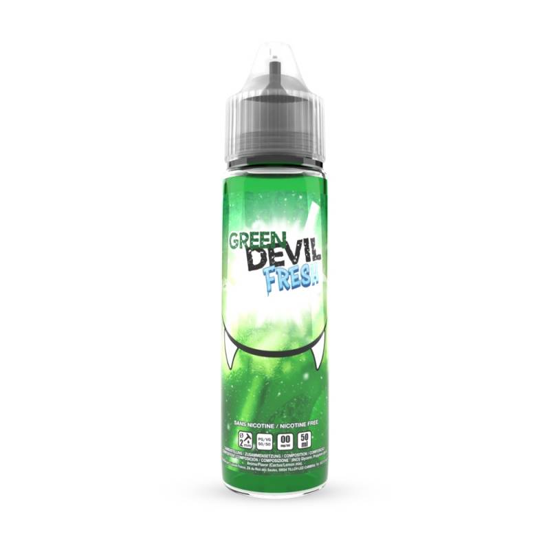 Flacon de 50ml d'e-liquide Green Devil Fresh Summer, étiquette verte avec logo de crocs et design fruité cactus citron.