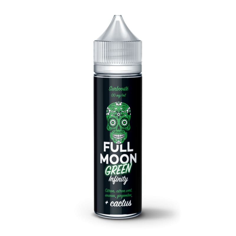 Flacon 50ml d'e-liquide Full Moon Green Infinity avec étiquette noire, logo tête de mort verte et bouchon transparent.
