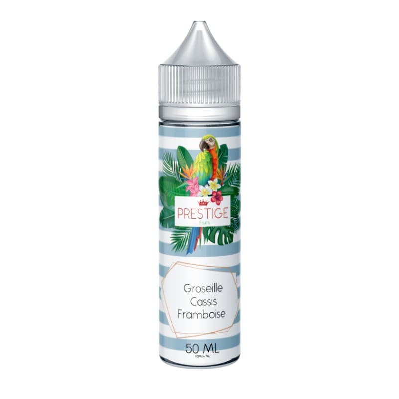 Flacon d'e-liquide 50ml Prestige Fruits Groseille Cassis Framboise avec étiquette à rayures bleues, perroquet et fleurs tropicales.