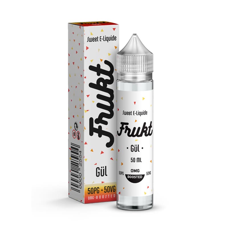 Flacon de 50ml d'e-liquide Frukt Gül Savourea avec boîte blanche décorée de confettis colorés et bouchon transparent.