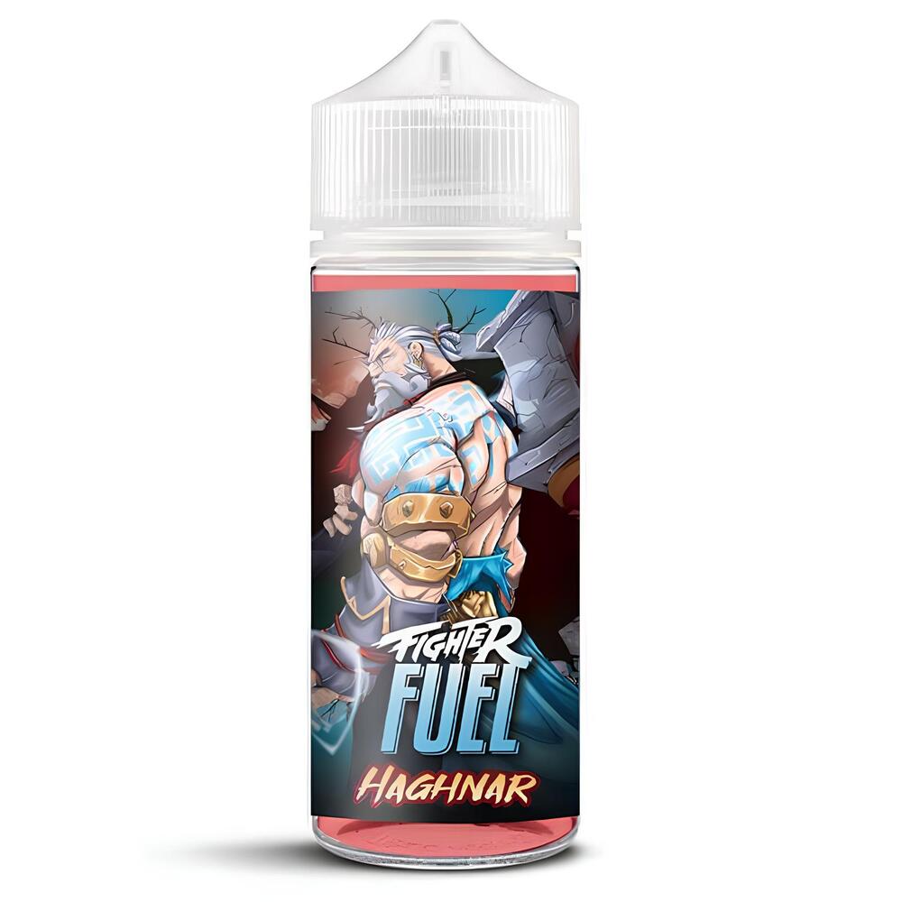 Flacon d'e-liquide Fighter Fuel Haghnar avec illustration de guerrier nordique sur fond rouge et bouchon transparent.