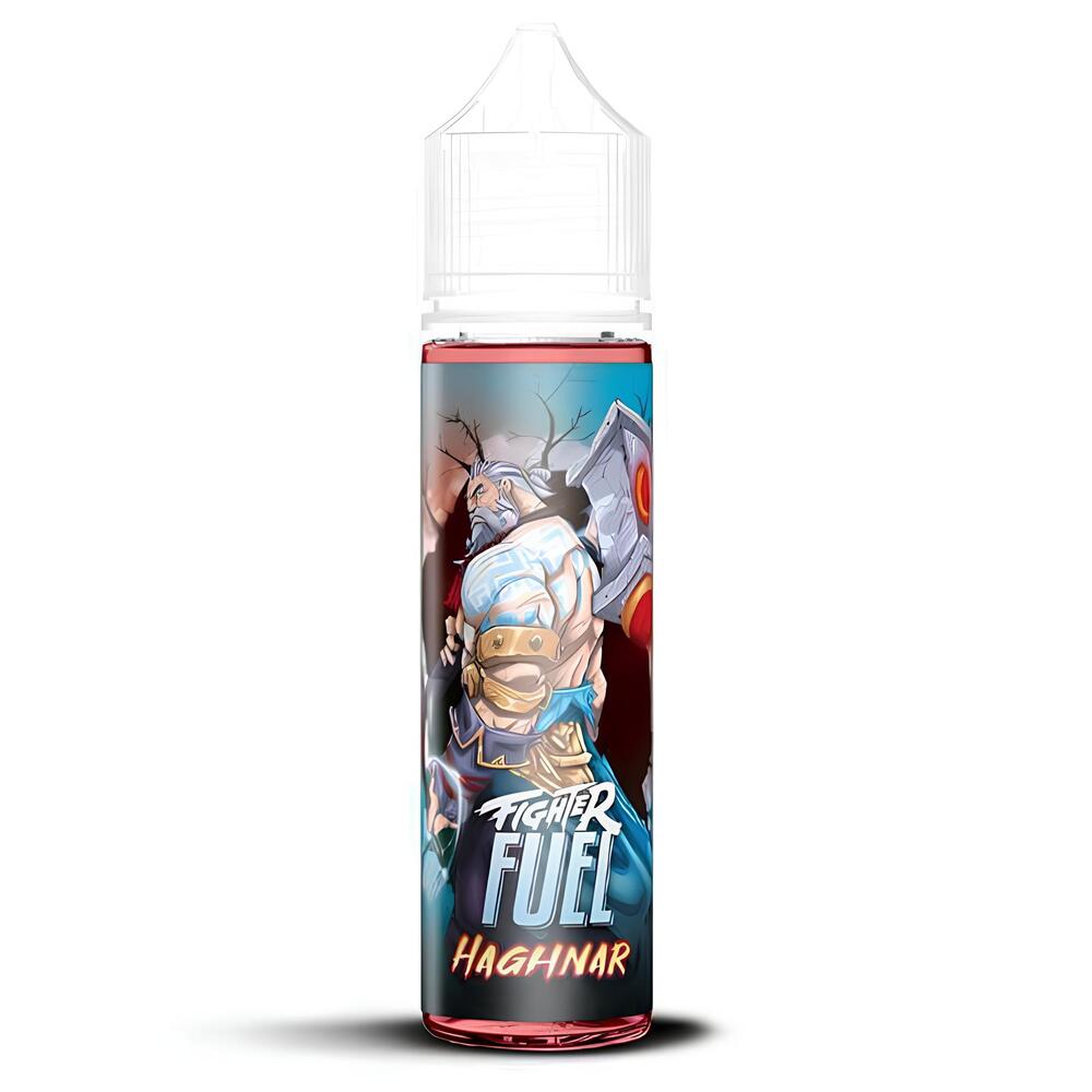 Flacon d'e-liquide Fighter Fuel Haghnar avec illustration de guerrier nordique et bouchon transparent sur fond blanc.