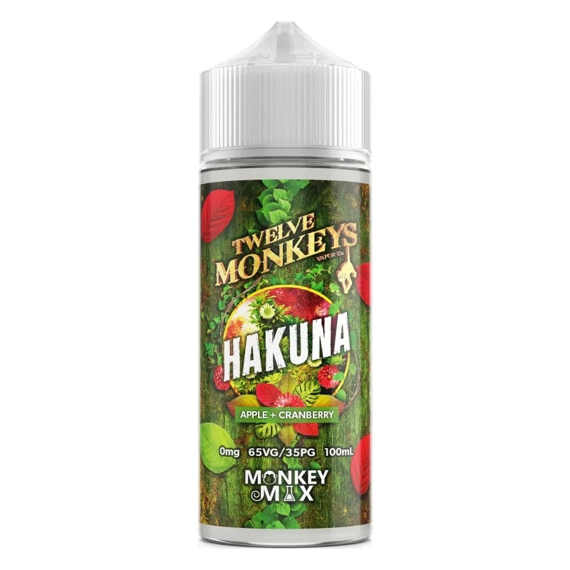 Flacon de e-liquide Twelve Monkeys Hakuna 100ml avec étiquette illustrée de pommes et canneberges sur fond de forêt.