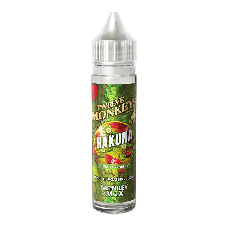 Flacon de 50ml de e-liquide Hakuna Twelve Monkeys avec étiquette illustrée de pommes et canneberges sur fond forestier.
