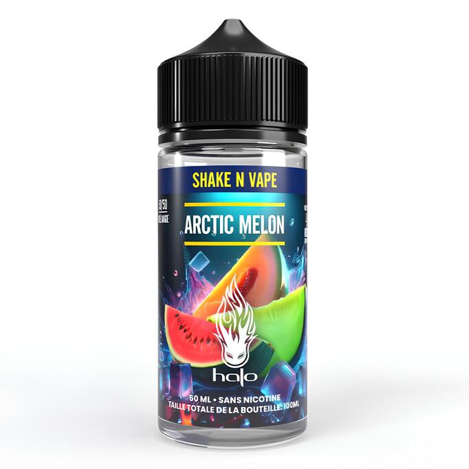 Flacon d'e-liquide Halo Arctic Melon 50ml avec étiquette illustrée de pastèque, melon et glaçons sur fond bleu.