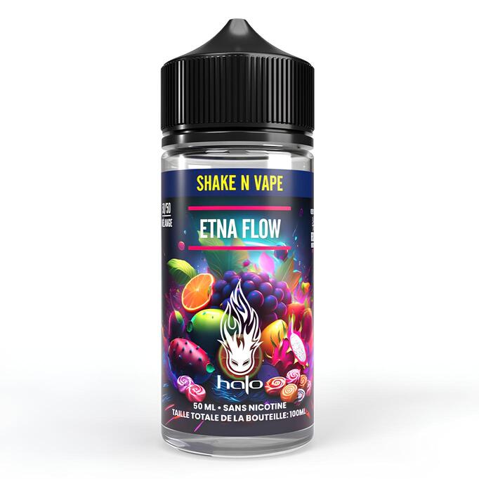 Flacon d'e-liquide Halo Etna Flow 50ml avec étiquette colorée illustrant des fruits et bonbons sur fond noir.