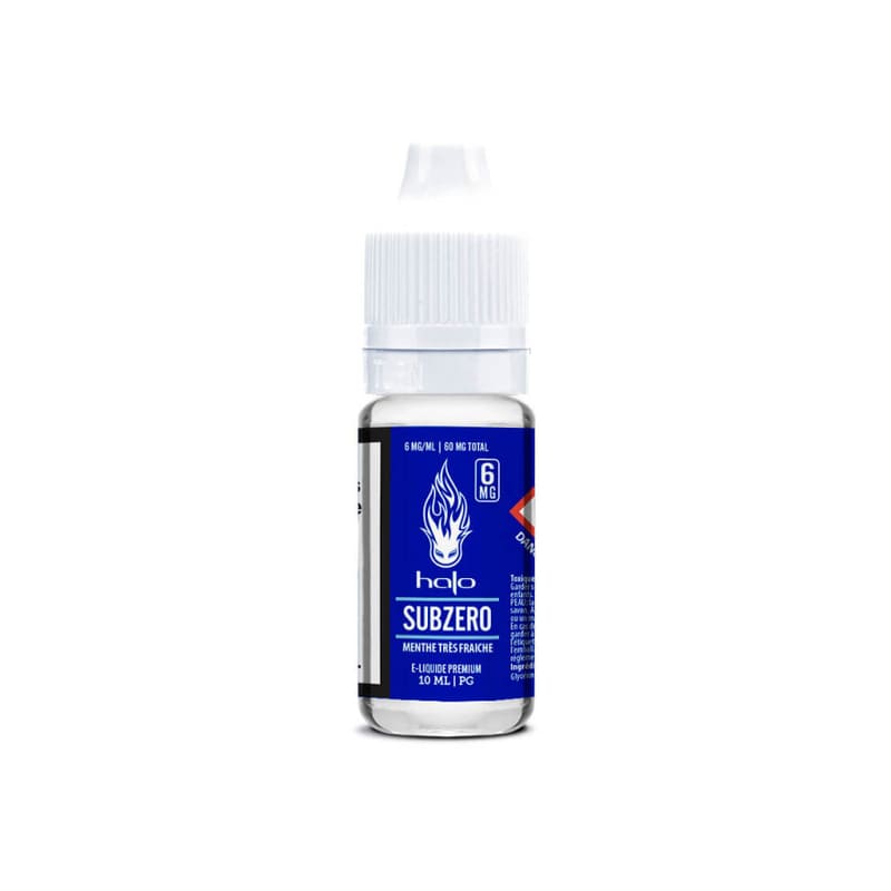 Flacon d'e-liquide Halo Subzero 10 ml avec étiquette bleue, logo flamme blanche et bouchon sécurité blanc sur fond blanc.