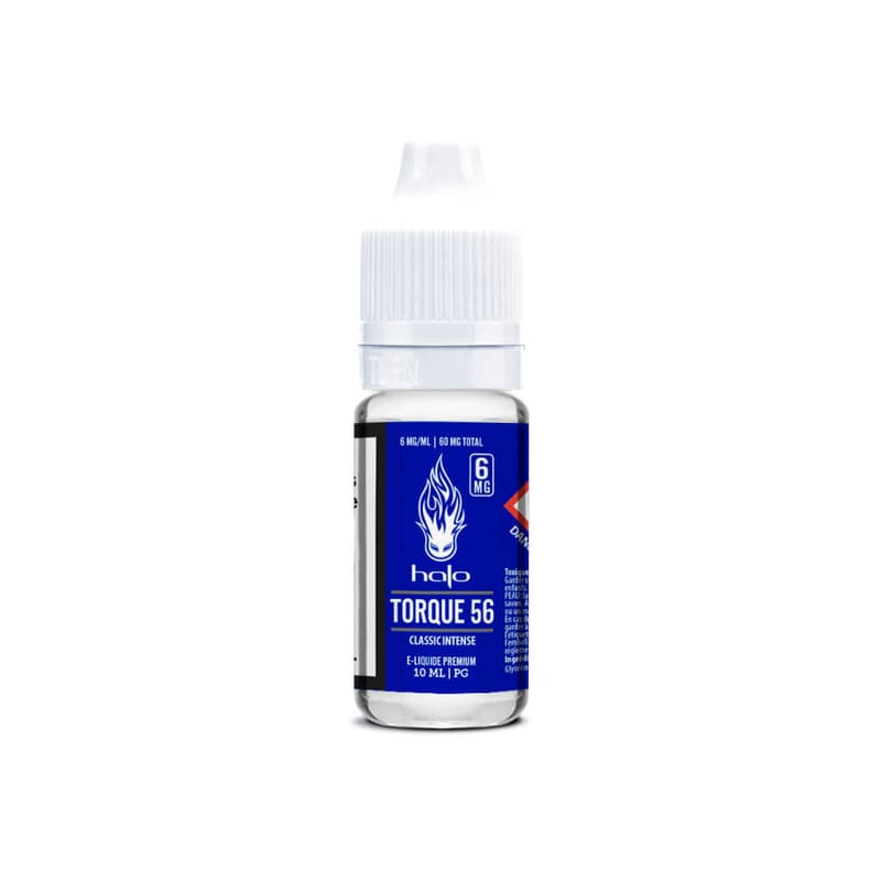 Flacon de 10 ml d'e-liquide Halo Torque 56 avec étiquette bleue, bouchon blanc et logo flamme caractéristique.