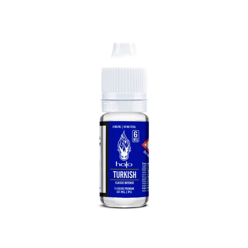 Flacon de 10 ml d'e-liquide Halo Turkish avec étiquette bleue, logo flamme et bouchon blanc de sécurité.