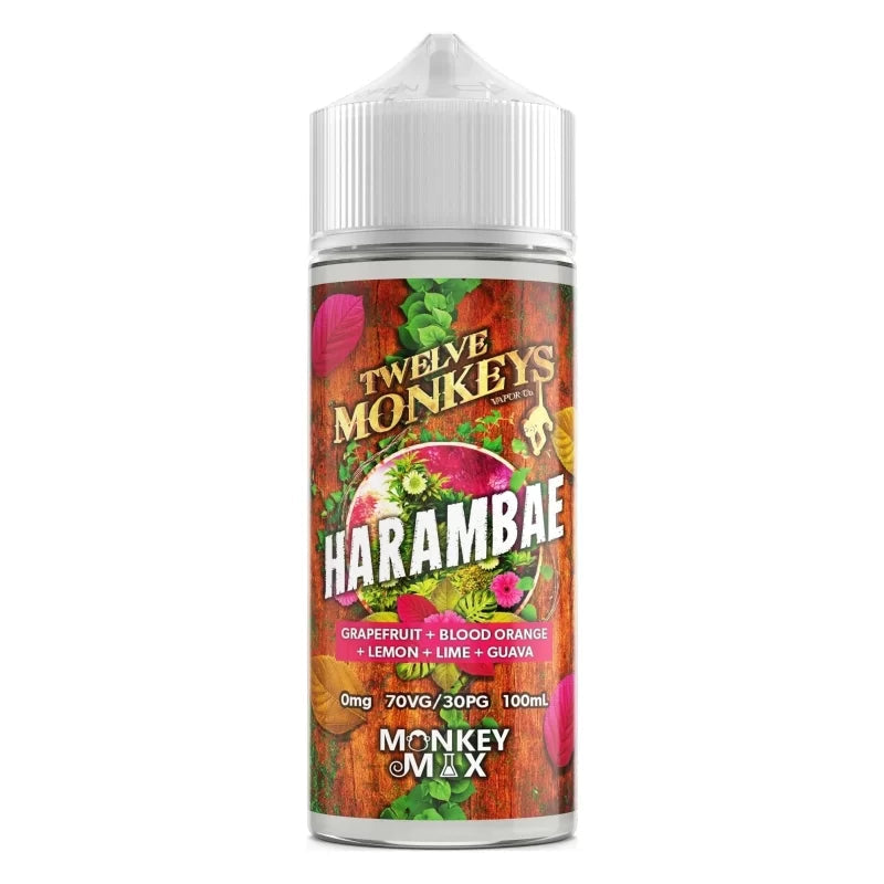 Flacon de e-liquide Twelve Monkeys Harambae 100ml avec étiquette illustrée de fruits tropicaux sur fond boisé.