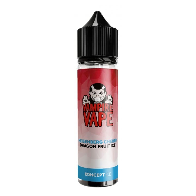 Flacon d'e-liquide Vampire Vape Heisenberg Cherry Dragon Fruit Ice avec étiquette rouge et logo vampire sur fond blanc.