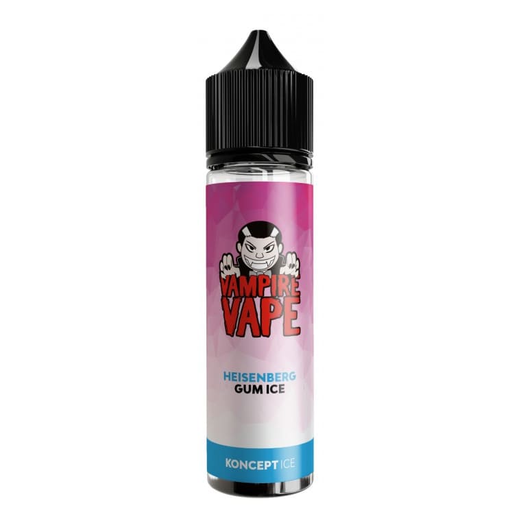 Flacon d'e-liquide Vampire Vape Heisenberg Gum Ice avec étiquette rose et bleue, bouchon noir et logo vampire.