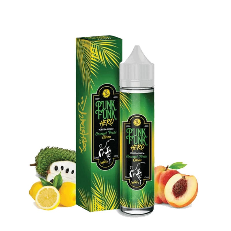 Flacon de 50ml et boîte verte Punk Funk Hero Corossol Pêche Citron avec illustrations de fruits tropicaux.