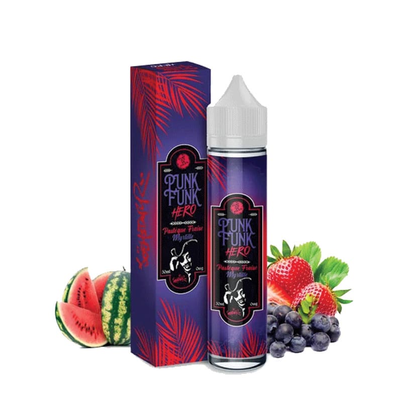 Flacon d'e-liquide Punk Funk Hero 50ml avec boîte violette à motifs tropicaux, accompagné de pastèque, fraises et myrtilles.