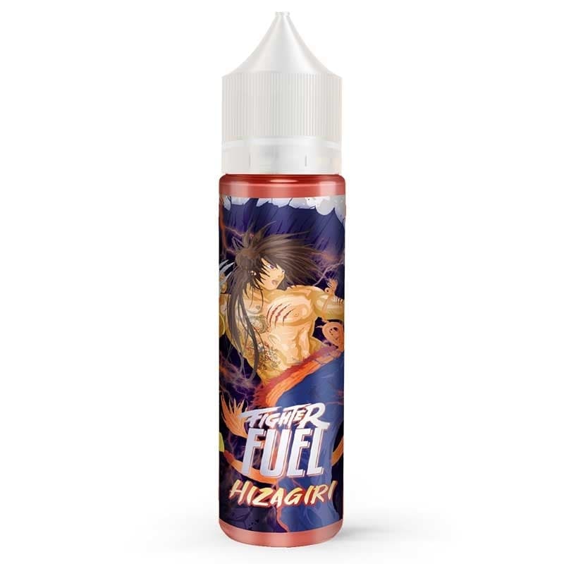 Flacon de e-liquide Fighter Fuel Hizagiri avec illustration manga, liquide rouge et bouchon blanc sur fond blanc.