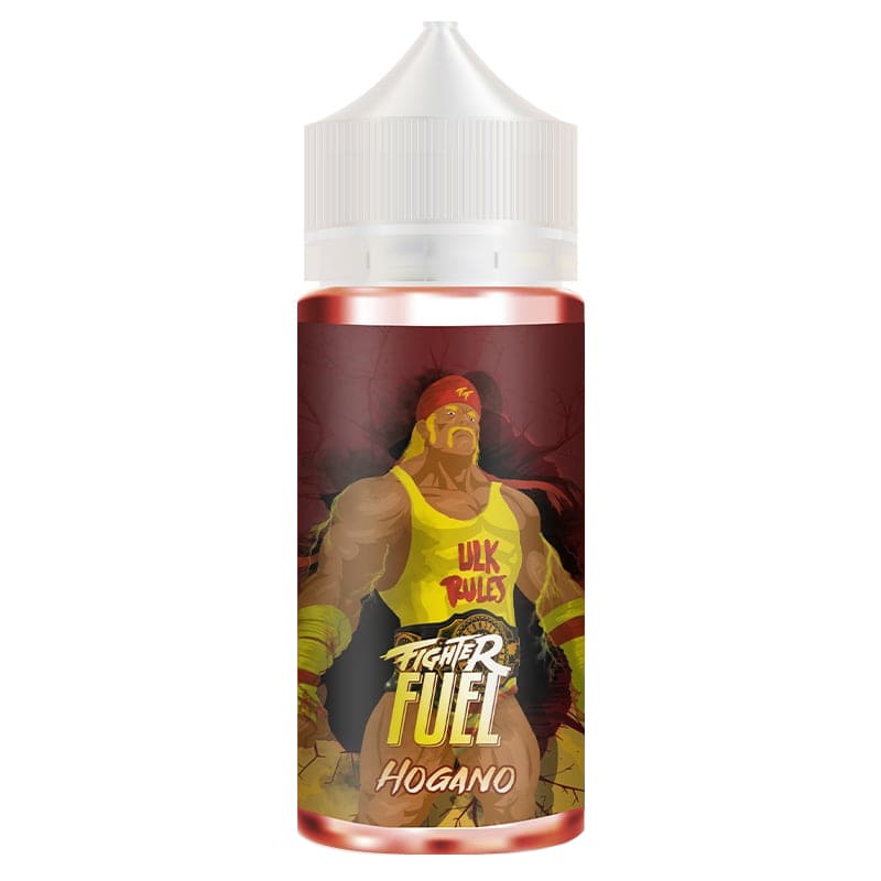 Flacon de e-liquide Fighter Fuel Hogano avec illustration de catcheur sur fond rouge et bouchon blanc.