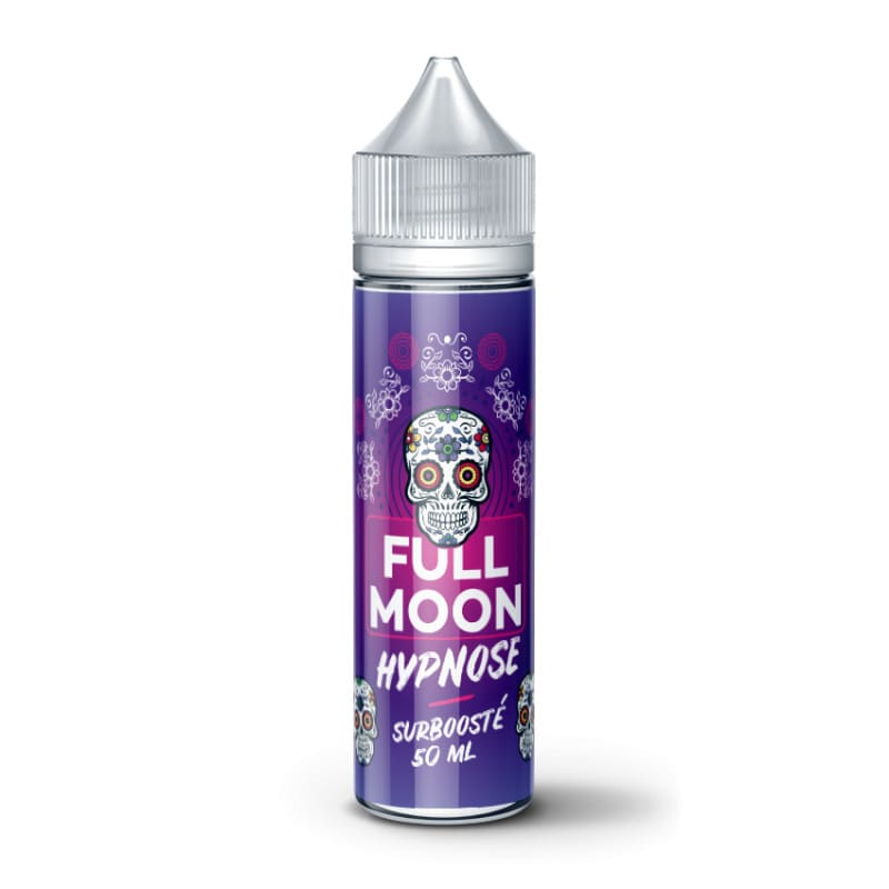 Flacon de 50ml d'e-liquide Full Moon Hypnose avec étiquette violette ornée d'un crâne mexicain coloré et bouchon blanc.
