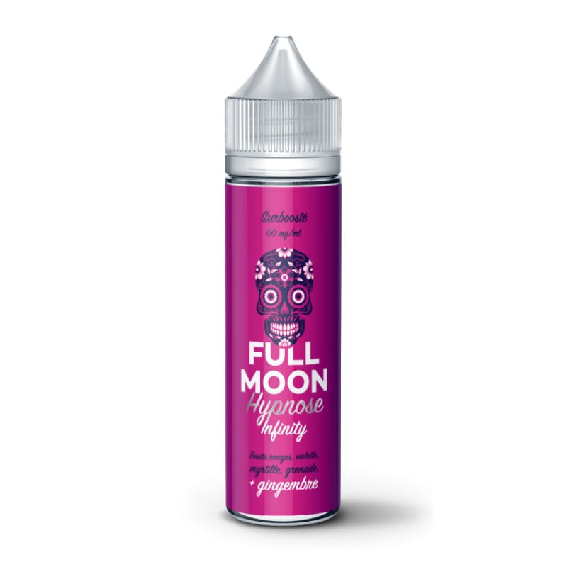 Flacon de 50ml d'e-liquide Full Moon Hypnose Infinity avec étiquette violette ornée d'un crâne décoré et bouchon blanc.